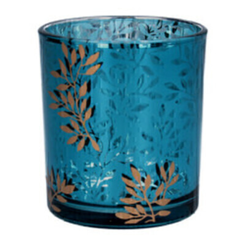 Small Turquoise and Gold Leaf Glass Candle Pot Gisela Graham This beautiful small night light holder has a bright turquoise and gold finish that really adds a lot of character to your Christmas decorations. The T light holder made from glass has a leaf design which will compliment any decor. Made by London based designer Gisela Graham who designs really beautiful and unusual Christmas decorations and gifts for your home.Ê Would also make a lovely Christmas gift. Fits standard tlight candles.
